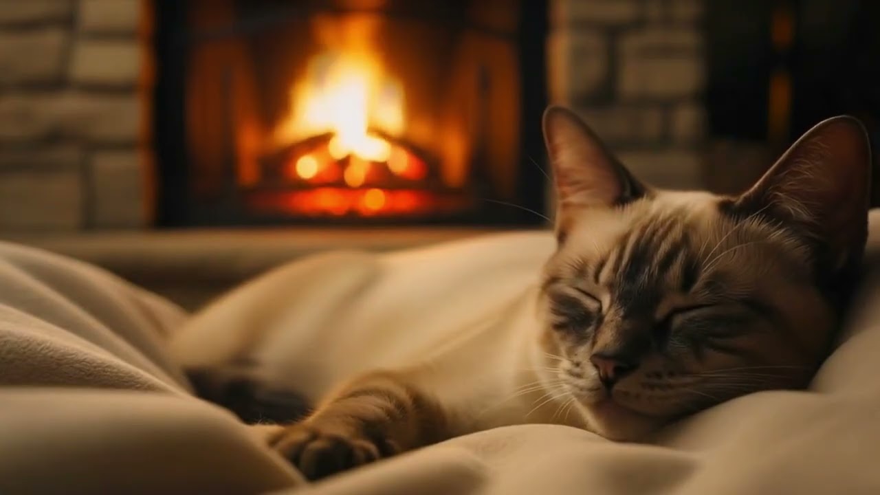 Soft Crackling Fire & Sleepy Purring Cat | Cozy Blanket Night 9H 4K [Deep Sleep · Relax ·Purring]