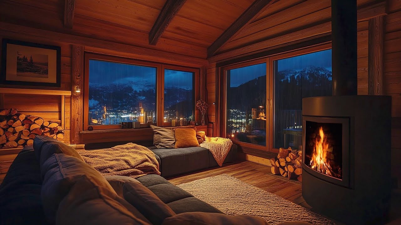 Rain & Thunder at Night | Cozy Cabin Fireplace with Sleeping Pets🔥