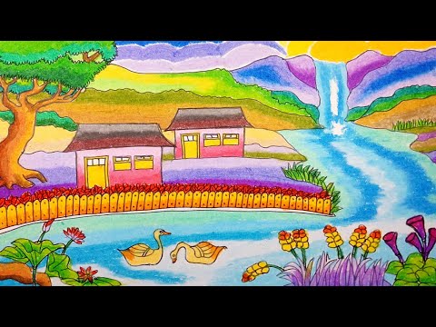 Cara Menggambar Rumah  sederhana  dan Sungai di Pegunungan  