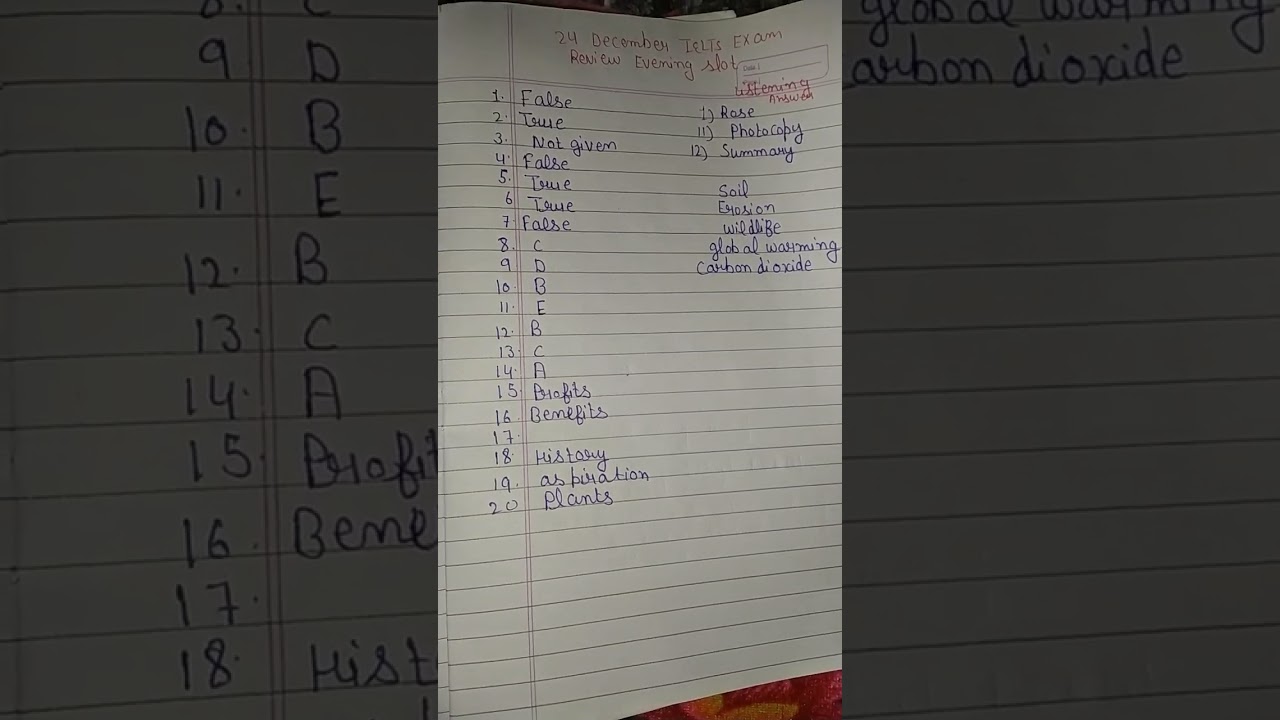 24december IELTS exam review listening reading answers evening slot