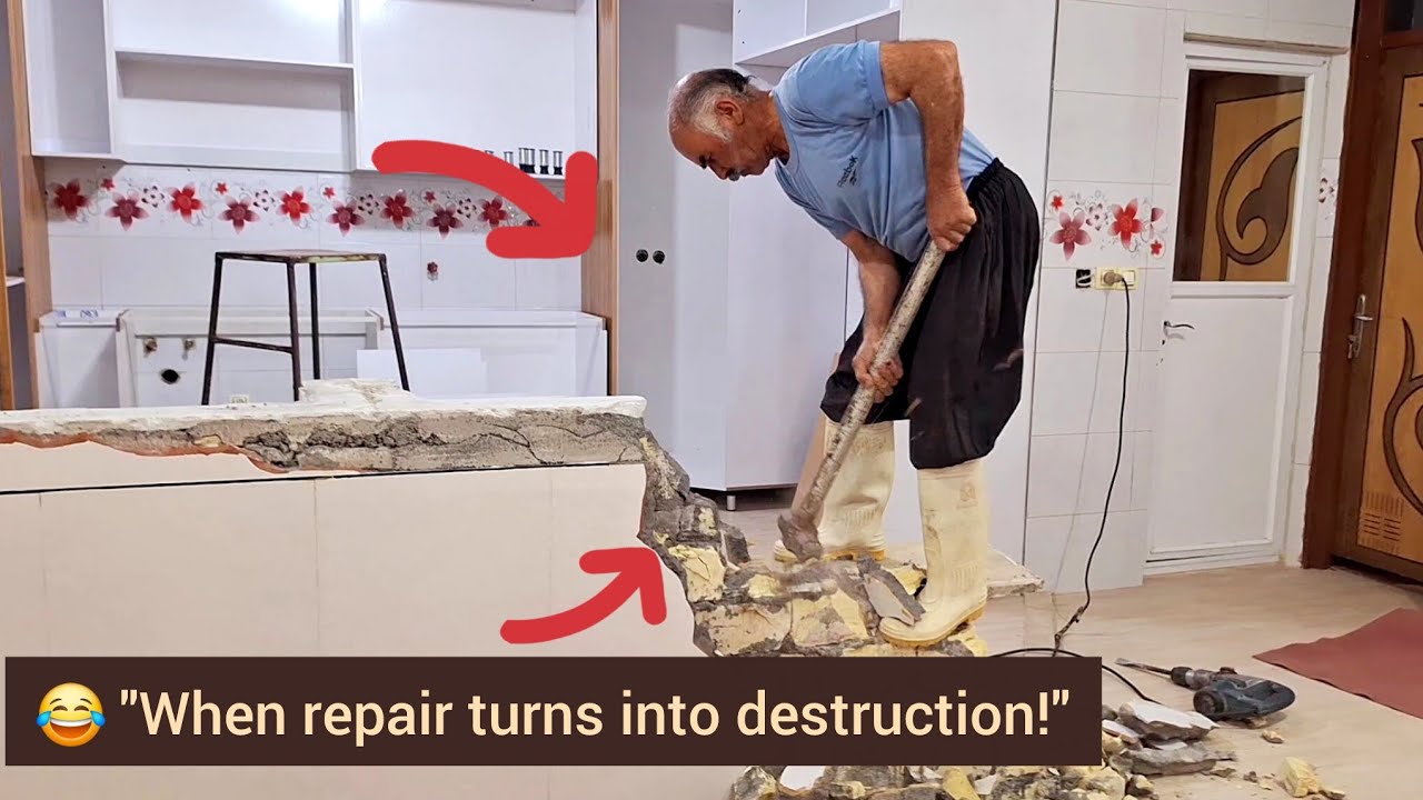 The father of the family in the role of a demolition and repair engineer!