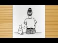 How to draw a girl with cat / easy drawing/ step by step/ pencil sketch