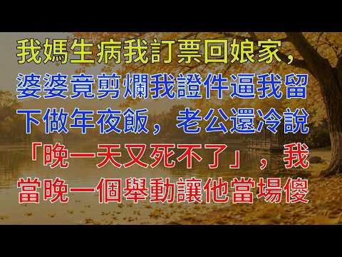 我媽生病我訂票回娘家，婆婆竟剪爛我證件逼我留下做年夜飯，老公還冷說「晚一天又死不了」，我當晚一個舉動讓他當場傻眼！！#情感故事 #為人處世