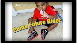 Toddler unboxing his Puma Future Rider  (IG @lilsneakerfox) Kid Shoes