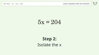 Linear equation with one unknown: Solve 5x-24=180 step-by-step solution