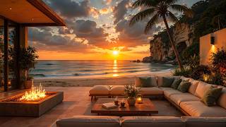 Tranquil Sunset Beach Jazz – Soothing Melodies to Lift Your Spirits with Sea Sounds & Crackling Fire