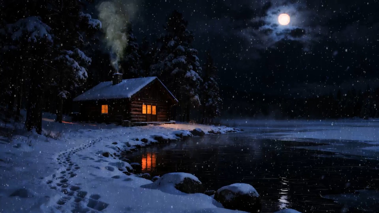 Cozy Snowy Lake Cabin Ambience ❄️ Relaxing Fireplace Crackling & Soft Winter Wind
