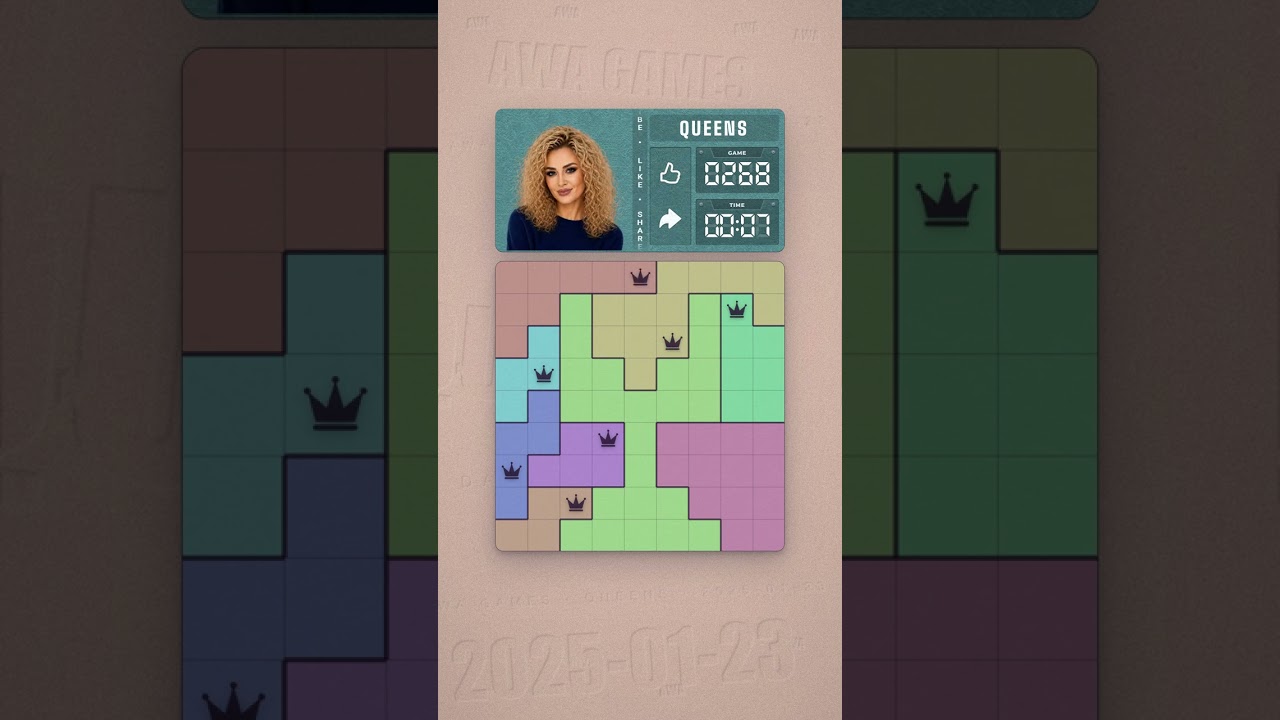 LinkedIn Queens #268 solved board for January 23, 2025, 9x9 grid