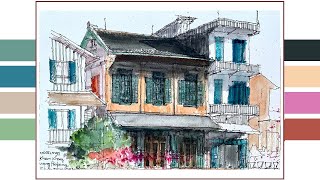 On-site architectural sketching and watercolor of commercial house in Luang Prabang town EP:12