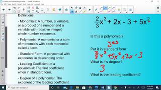 Introduction to Polynomials (addition, subtraction, degree, leading coefficient)
