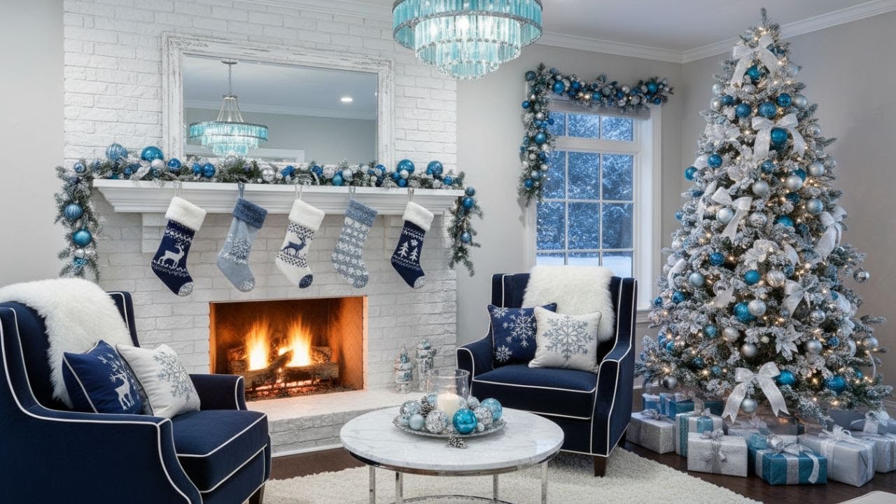 Classic Red and Green Christmas Living Room Tour with Cozy Fireplace, Stockings & Warm Holiday Decor