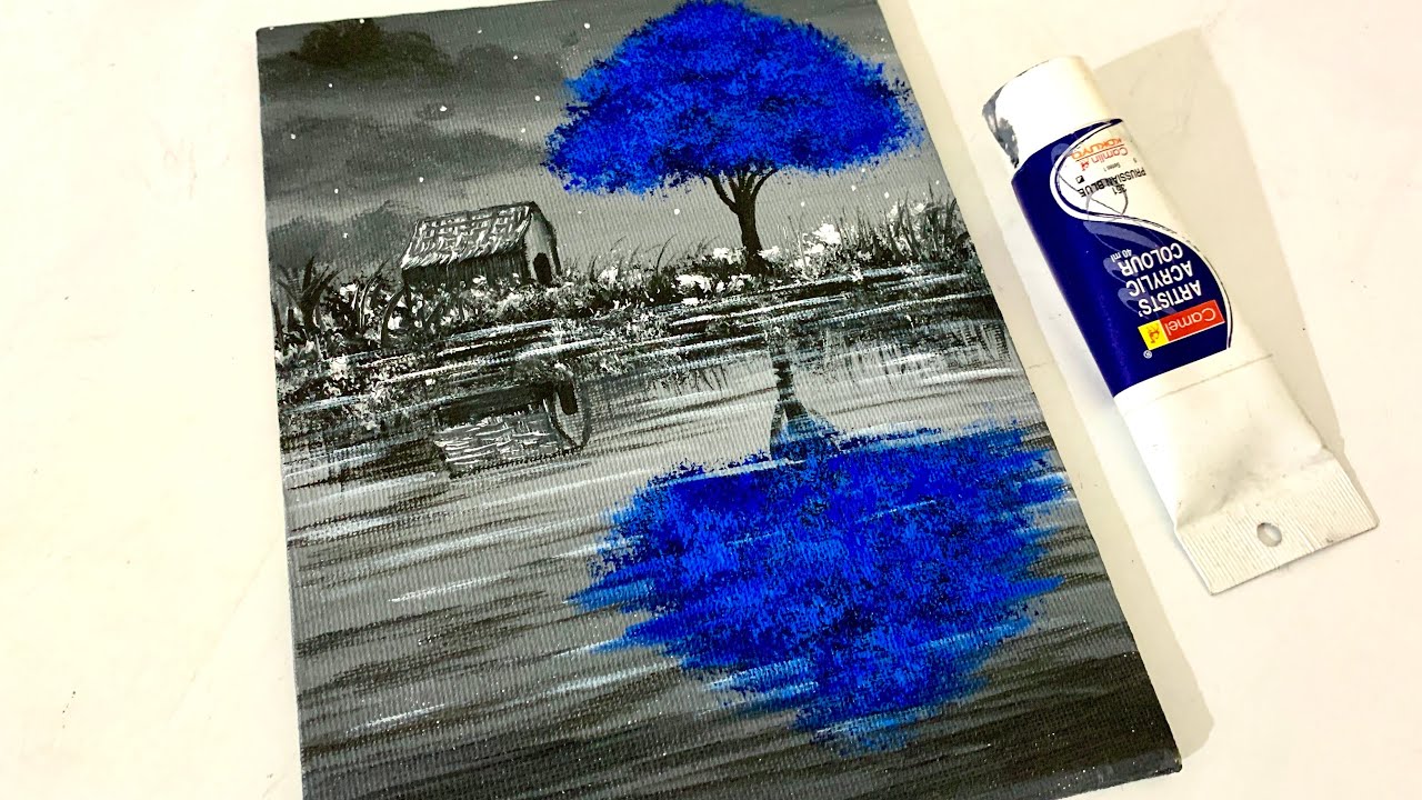 Blue Tree  Black & White Landscape Easy Painting for Beginners