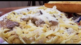 Asmr* steak alfredo with garlic bread ...