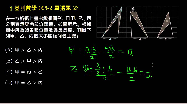 在一方格紙上畫出數個圖形且甲乙丙分別表示灰色部分面積如圖所示根據圖中所給的各點位置及邊長長度判斷下列甲乙丙的大小關係何者正確96.基測