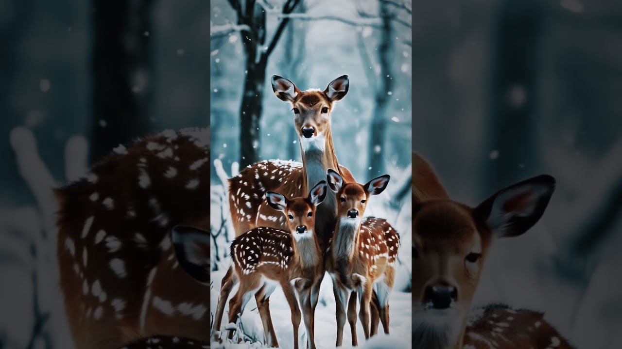 A Deer Family Amidst the Snowy Forest 