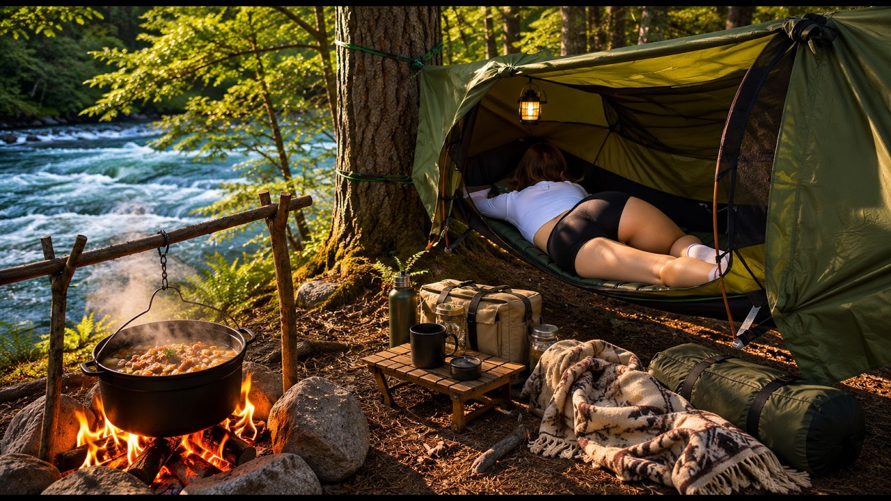 Alone in the Mountains! Solo Girl Survival by a Wild River | Hammock ...