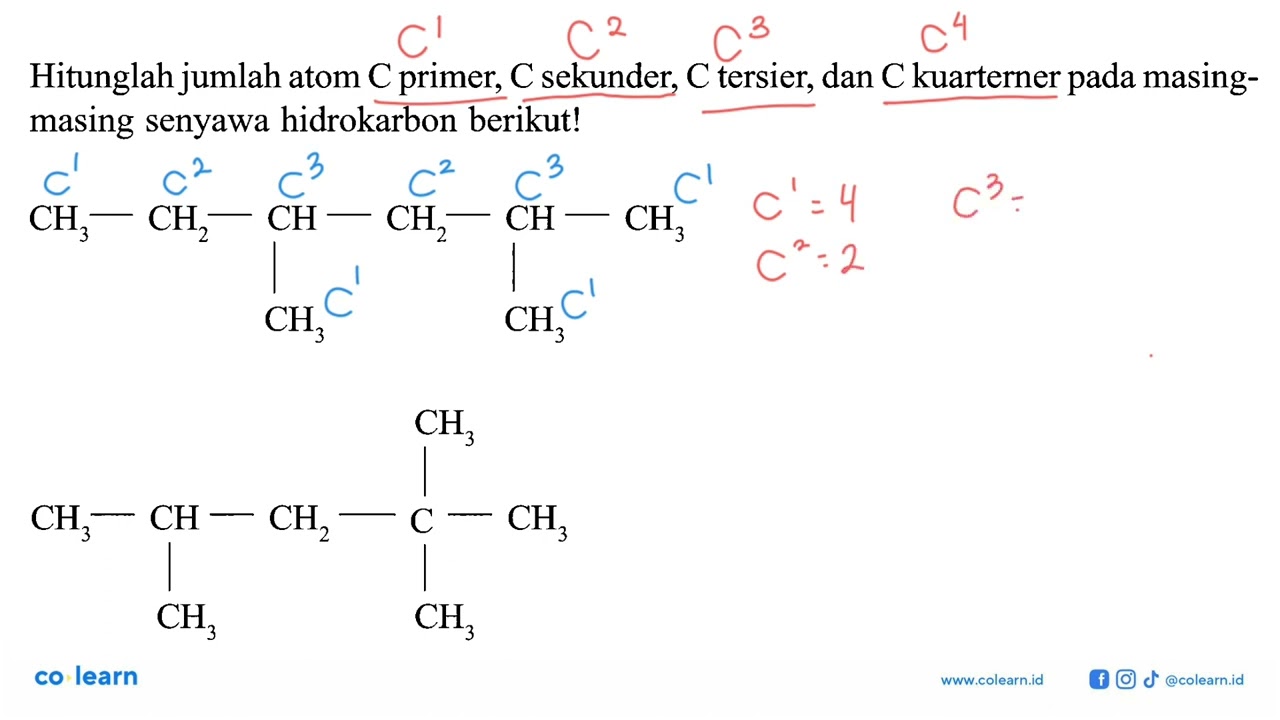 Hitunglah jumlah atom C primer, C sekunder, C tersier, dan C kuarterner masing- masing senyawa hi...