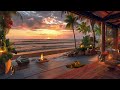 Cozy beach house porch in summer ambience  relaxing beach waves and  crackling fire  sunset beach