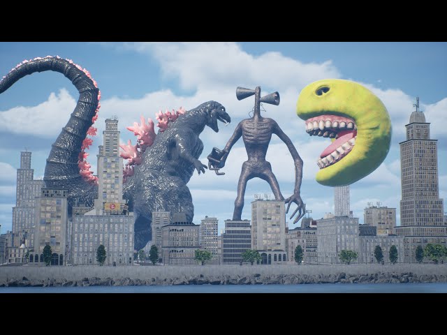 Siren Head VS Pacman And Godzilla (Full Version)  [3DCG] class=