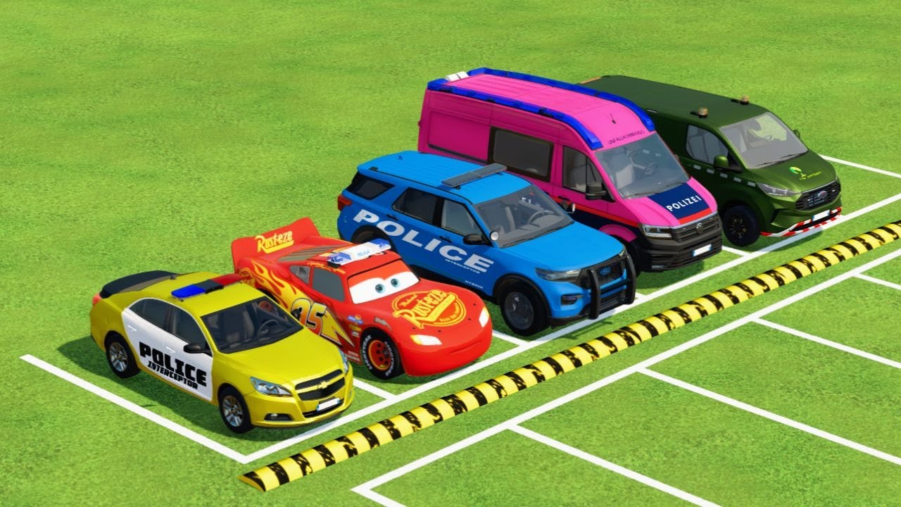 TRANSPORTING EMERGENCY DEPARTMENT CARS, AMBULANCE, POLICE CARS, FIRE TRUCK OF COLORS!  #1  FS 22