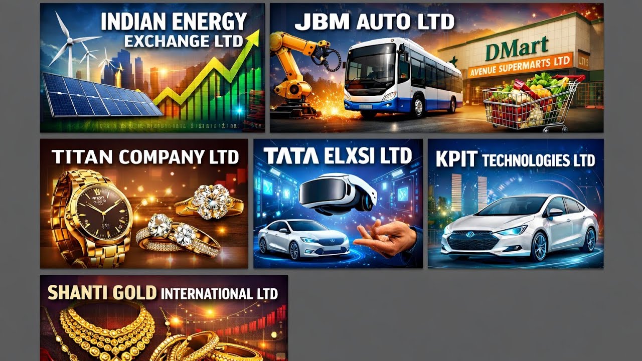 Chart analysis of Indian Energy , JBM Auto,Avenue Supermarts,Titan Tata Elxsi Ltd, KPIT,Shanti Gold