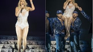 Mariah Carey showcases shapely legs ample cleavage plunging bodysuit in Glasgow
