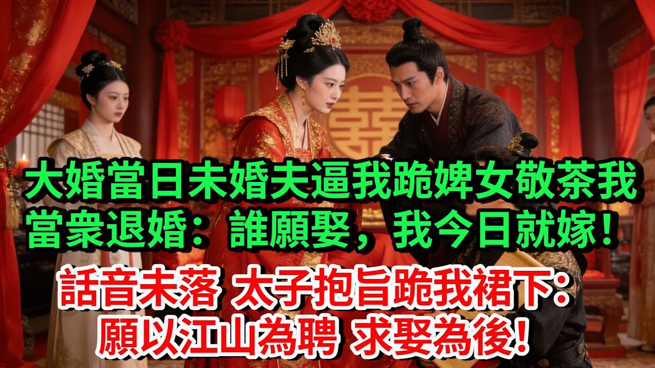 大婚當日未婚夫逼我跪婢女敬茶，我當眾退婚：「誰願娶，我今日就嫁！」話音未落，太子抱旨跪我裙下：願以江山為聘，求娶為後！#古言#故事#完結文