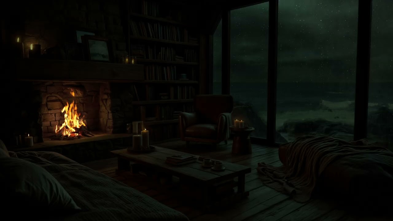 No Ads Fireplace & Ocean Rain | Rain in the Porch Windows at Night | Sleep Deeply with Rain Sounds