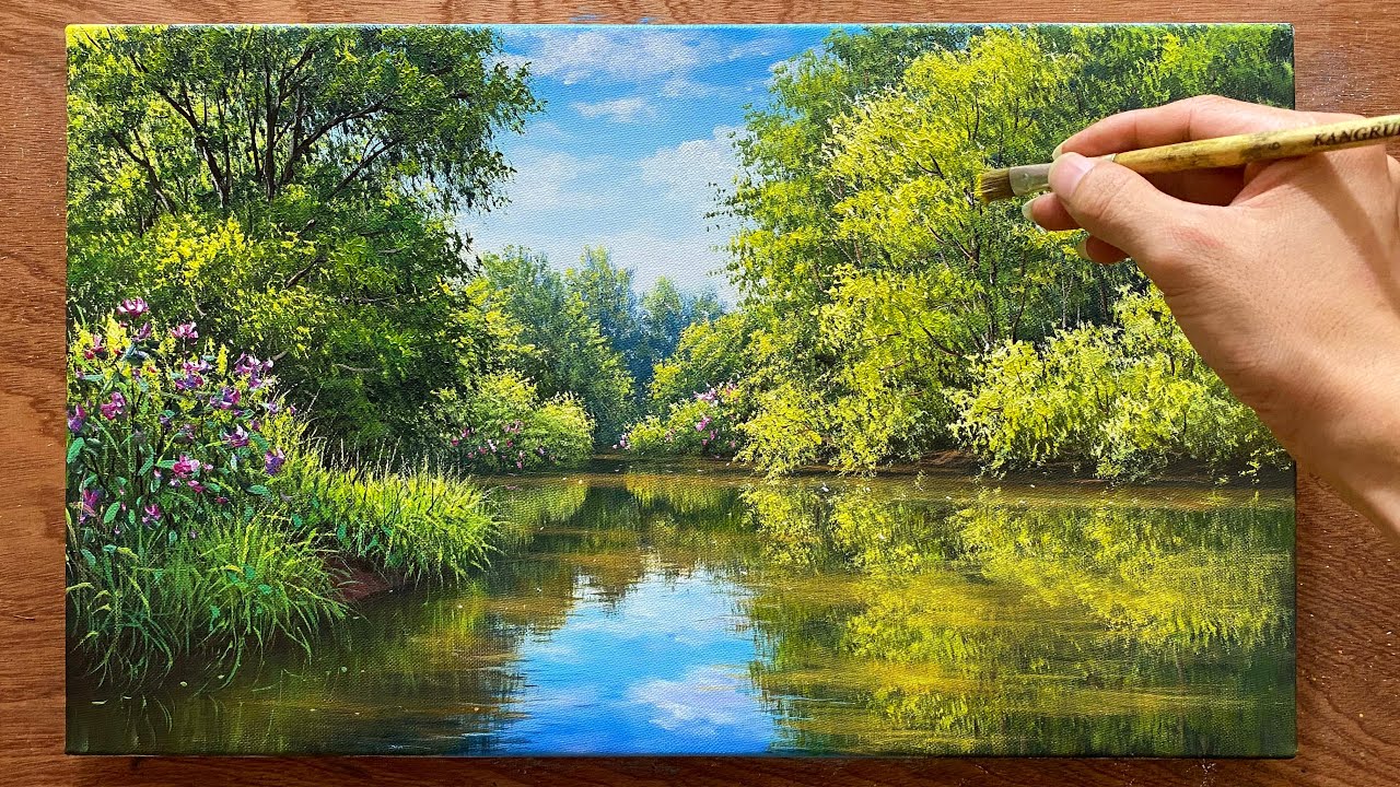 How to draw landscape painting "#35" / Draw beautiful lake landscape / Acrylic landscape painting.