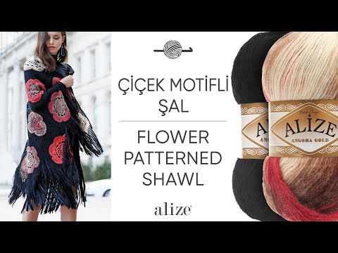 Alize Angora Gold Batik ile Çiçek Motifli Şal • Flower Patterned Shawl • Шаль с цветочным мотивом