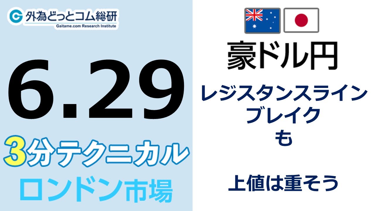 FX/為替予想 「豪ドル/円、レジスタンスライン ブレイクも、上値は重そう」見通しズバリ！3分テクニカル分析 ロンドン市場の見通し　2022年6月29日