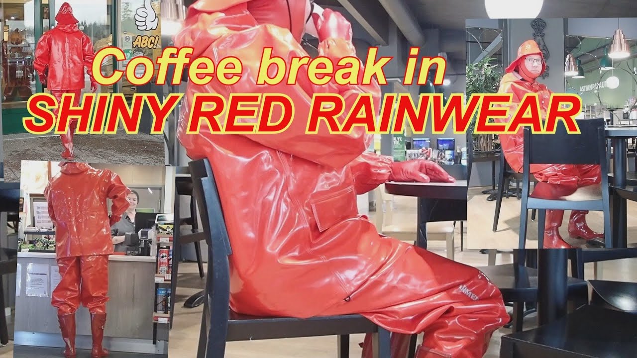 coffee break in shiny red rainwear