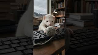 🤍⌨️ Ferret Obsessed with a Yarn Ball on a Keyboard