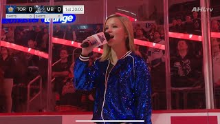 13 year old Cassandra Star sings O Canada for the Manitoba Moose vs. Toronto Marlies game