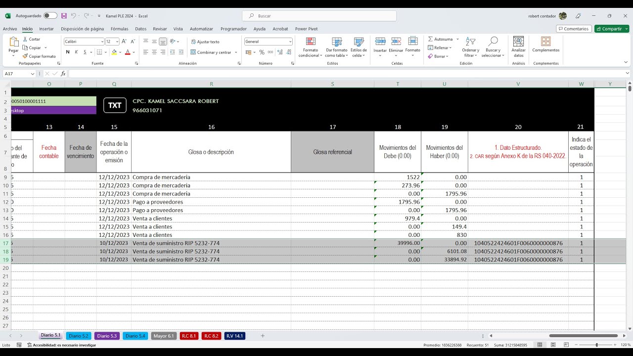 Dato Estructurado 2026 - Libro Diario Electrónico del PLE y SIRE (Macro Excel Diario Electrónico)