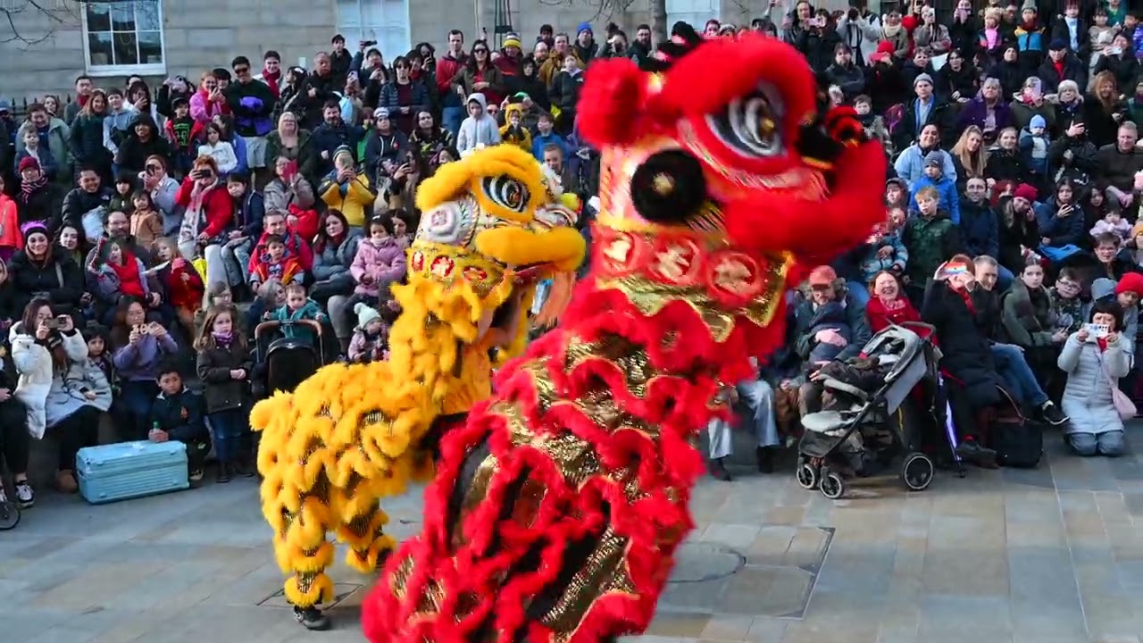 Amazing Lion Dance Flash Mob St James Quarter Shopping Center, Edinburgh, Scotland, Chinese New Year