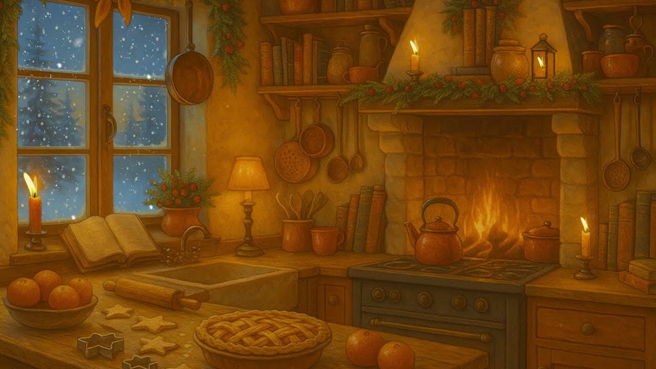 Cozy Christmas Kitchen Ambience 🎄 Snowfall & Christmas Music for Relaxing, Work & Study