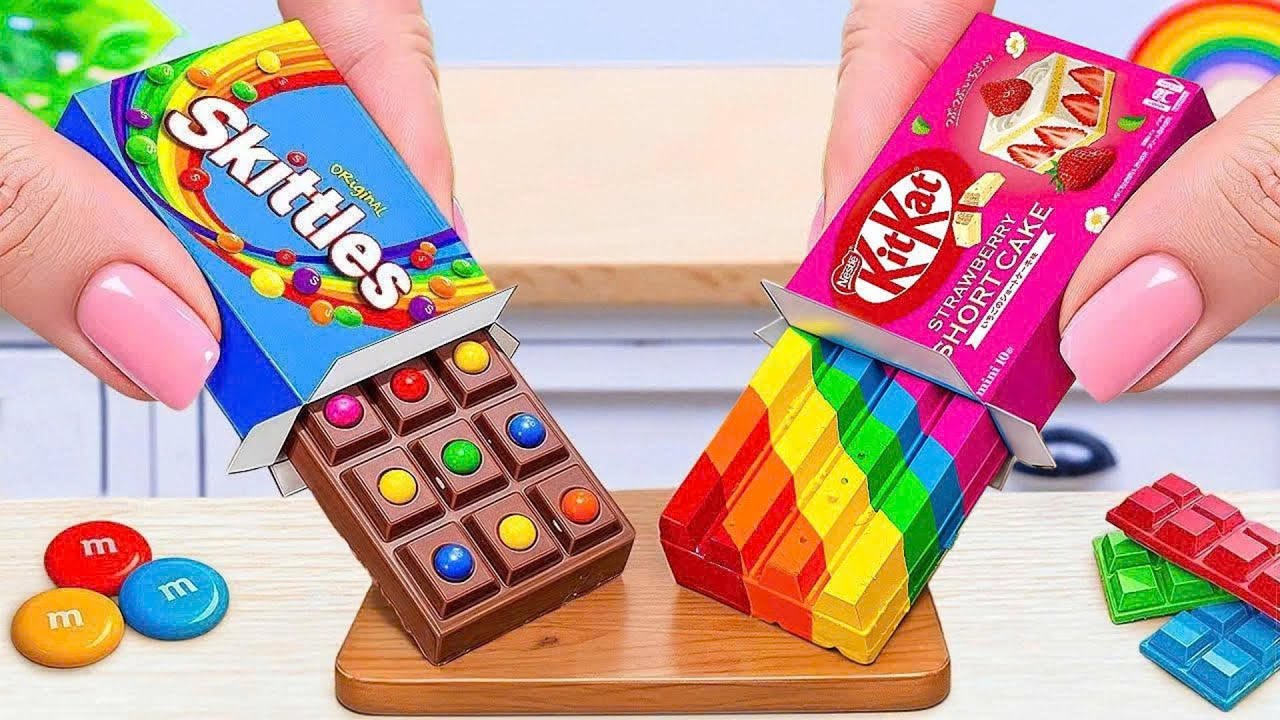 Вкусные мини-радужные Skittles против клубничных KitKat 🌈🍫 Лучшее украшение радужного торта