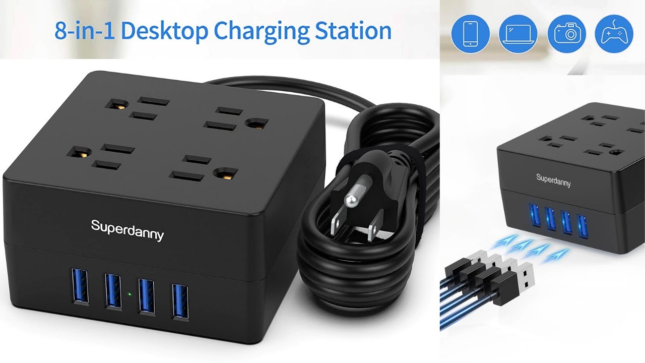 Power Strip Surge Protector SUPERDANNY 5 Ft Extension Cord with 4 Outlets & 4 USBs, 900 Joules, Also