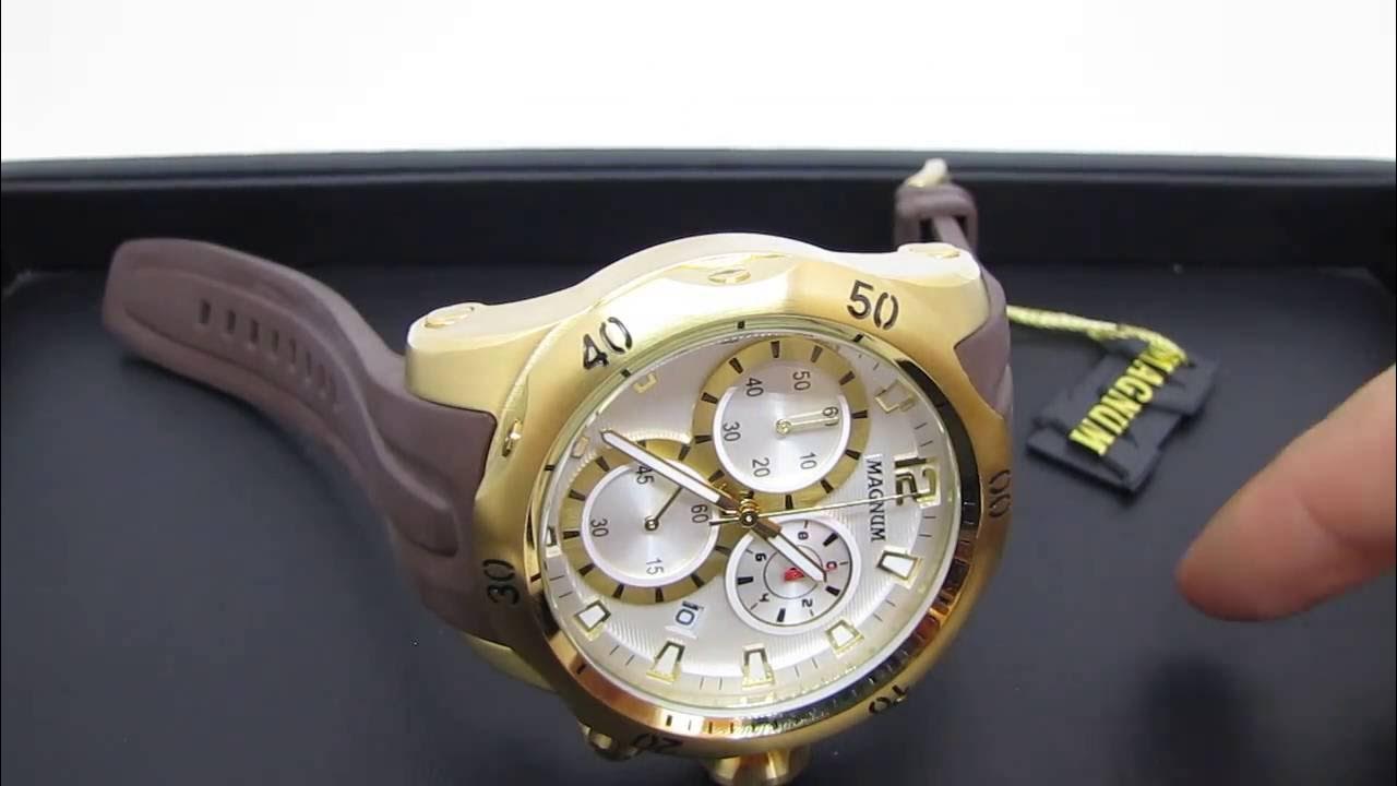 Relógio Masculino Magnum MA33755B Dourado Extra Grande Cronógrafo 100M  (Detalhes) 