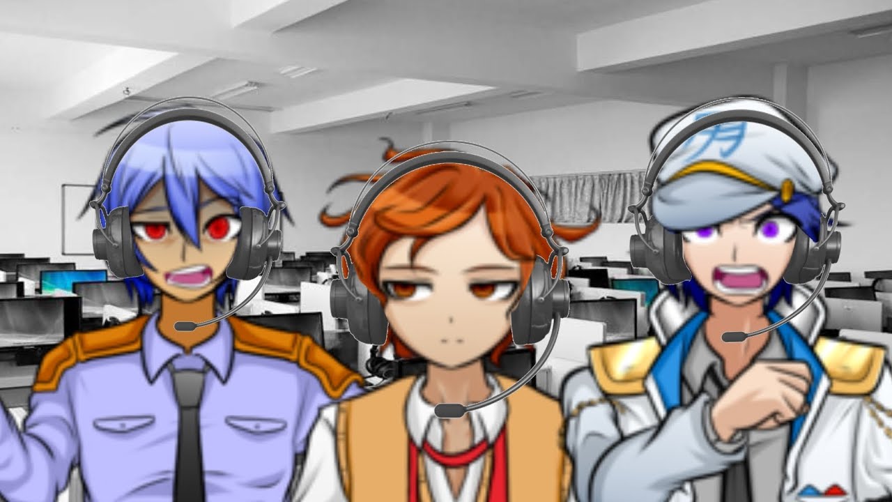 Tsurugi, Utsuro and Yamato as customer service agents (Danganronpa Another Despair Academy)