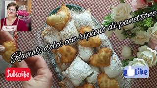 Ravioli dolci ripieni di panettone avanzato ,cioccolato,  pinoli..