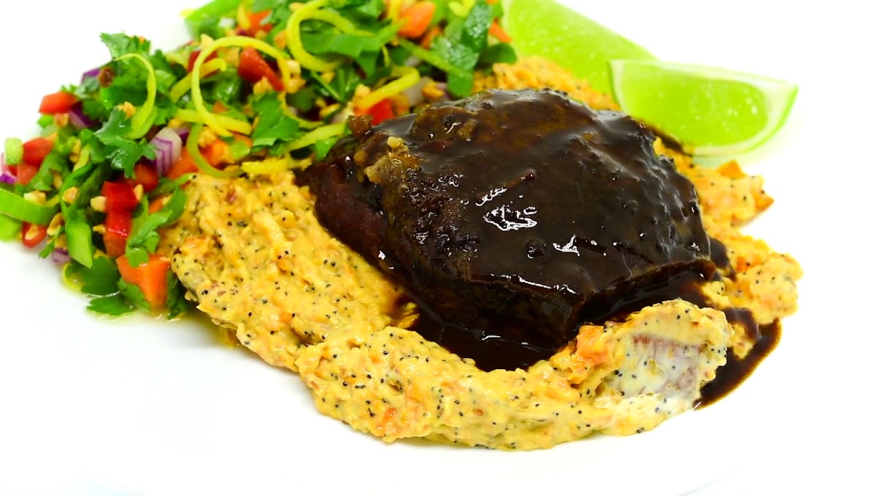 Barbecue slow cooker beef cheek on mashed sesame oil sweet potato, with