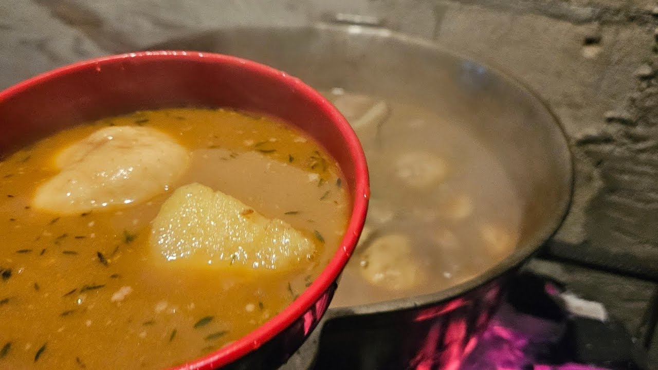 Red Peas Soup On The Cold Stove Outside