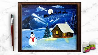 Christmas Acrylic painting ideas || winter/snow fall canvas painting