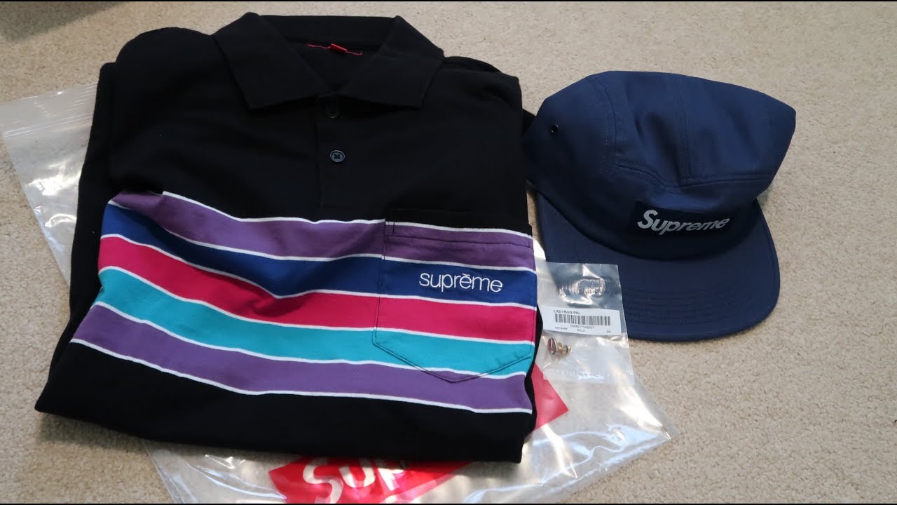 Supreme SS18 Week 6 Pickup/Unboxing Chest Stripes Polo, Reactive Camp Cap, Ladybug Pin