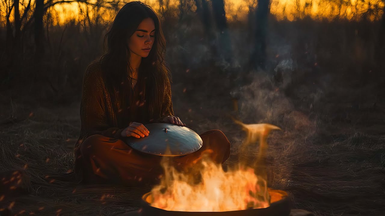 Handpan Therapy Music With Fire Sound And Forest Ambience
