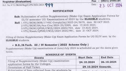 VTU CIRCULAR FOR FILLING EXAM APPLICATION FOR SUPPLEMENTARY EXAMINATION FOR 3rd/4th Semester 2024