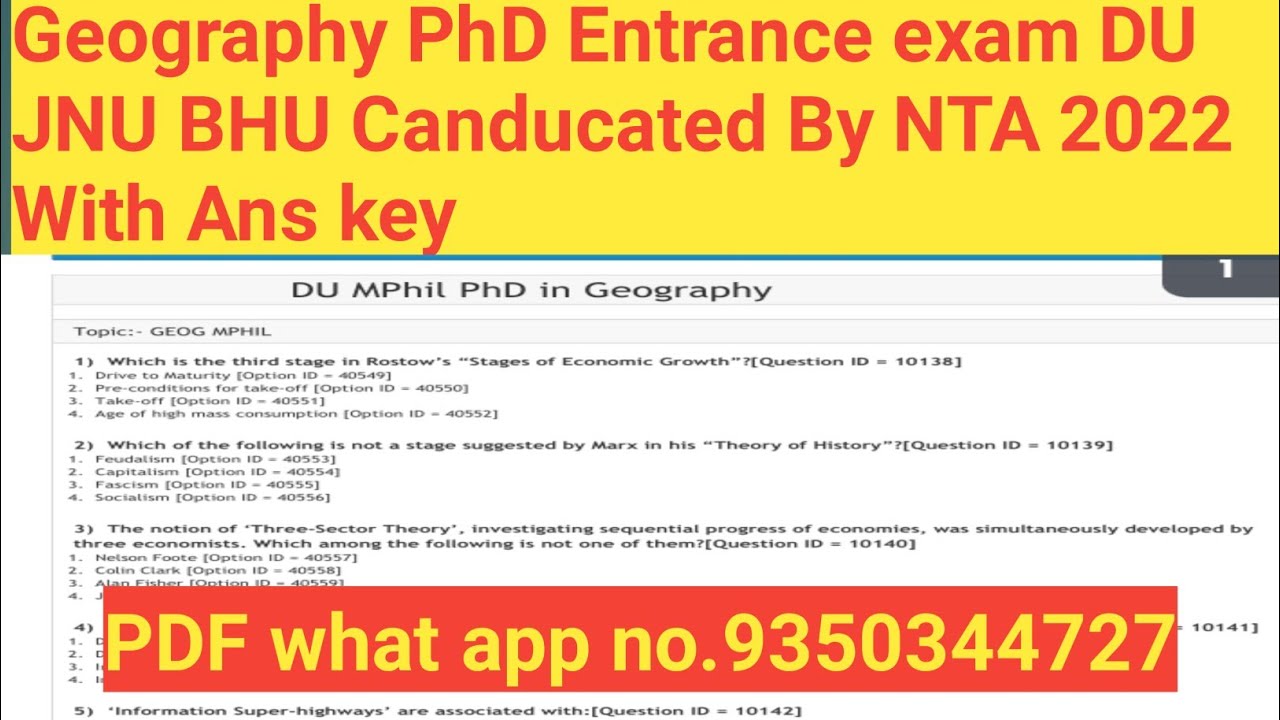 Geography PhD Entrance exam DU JNU BHU 📝NTA Canducated 2022 With Ans key PDF YouTube