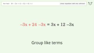 Linear equation with one unknown: Solve 28-(3x+4)=2(x+6)+x step-by-step solution